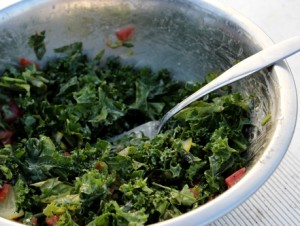 Salade de kale aux pommes, tomates, concombres et oignon rouge